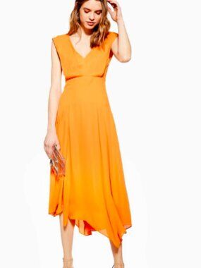 NWT Topshop Marigold Yellow Pleated Pinafore Plunge Midi Dress 6